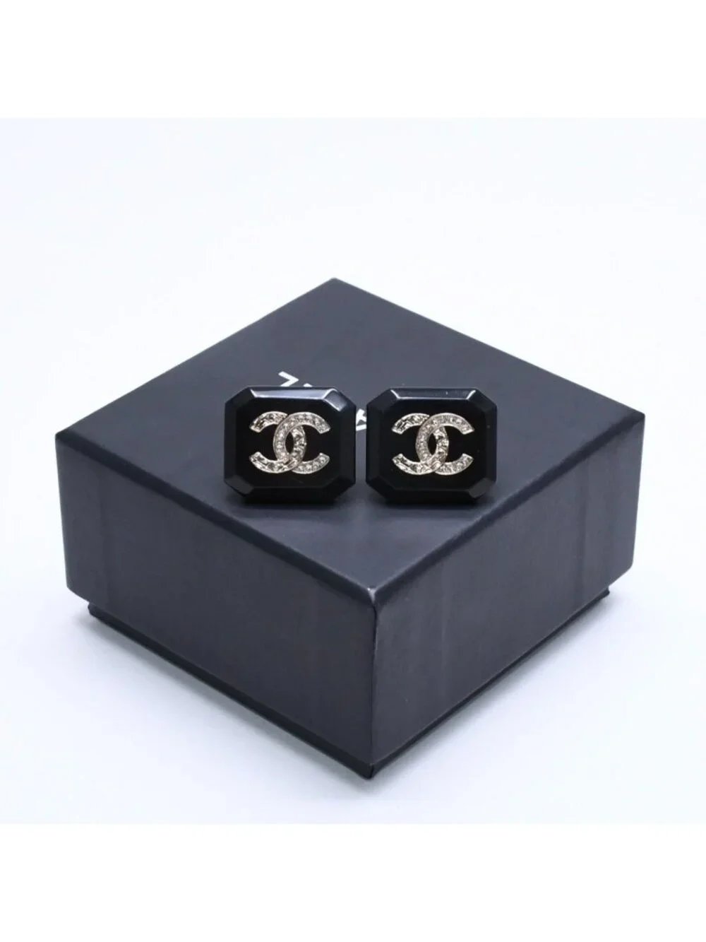 Chanel Earrings CC Logo Black Silver